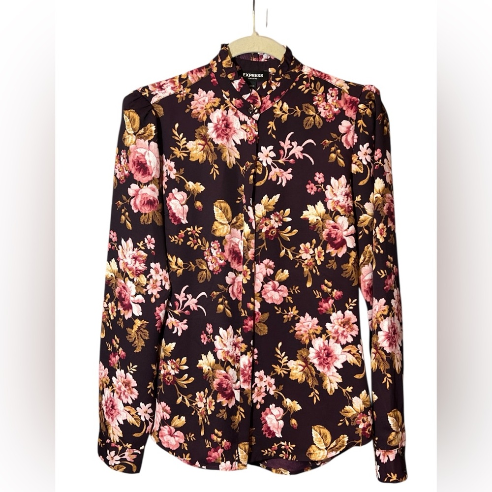 Express Deep Purple Floral Button up Shirt Dark Cottagecore Victoriancore Size S